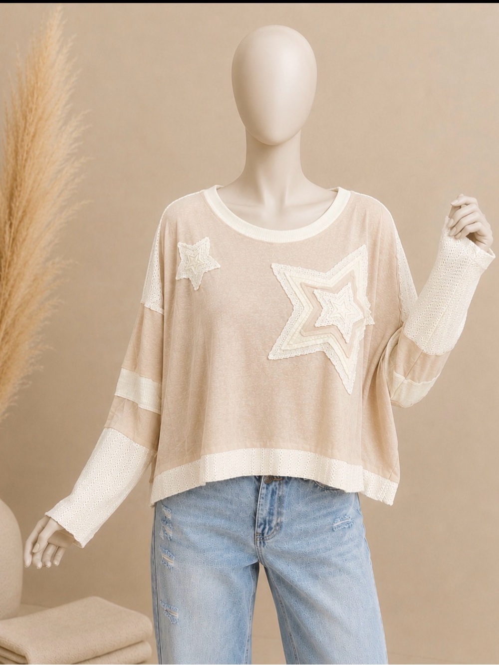 POL Beige and Cream Star Appliqué Pullover